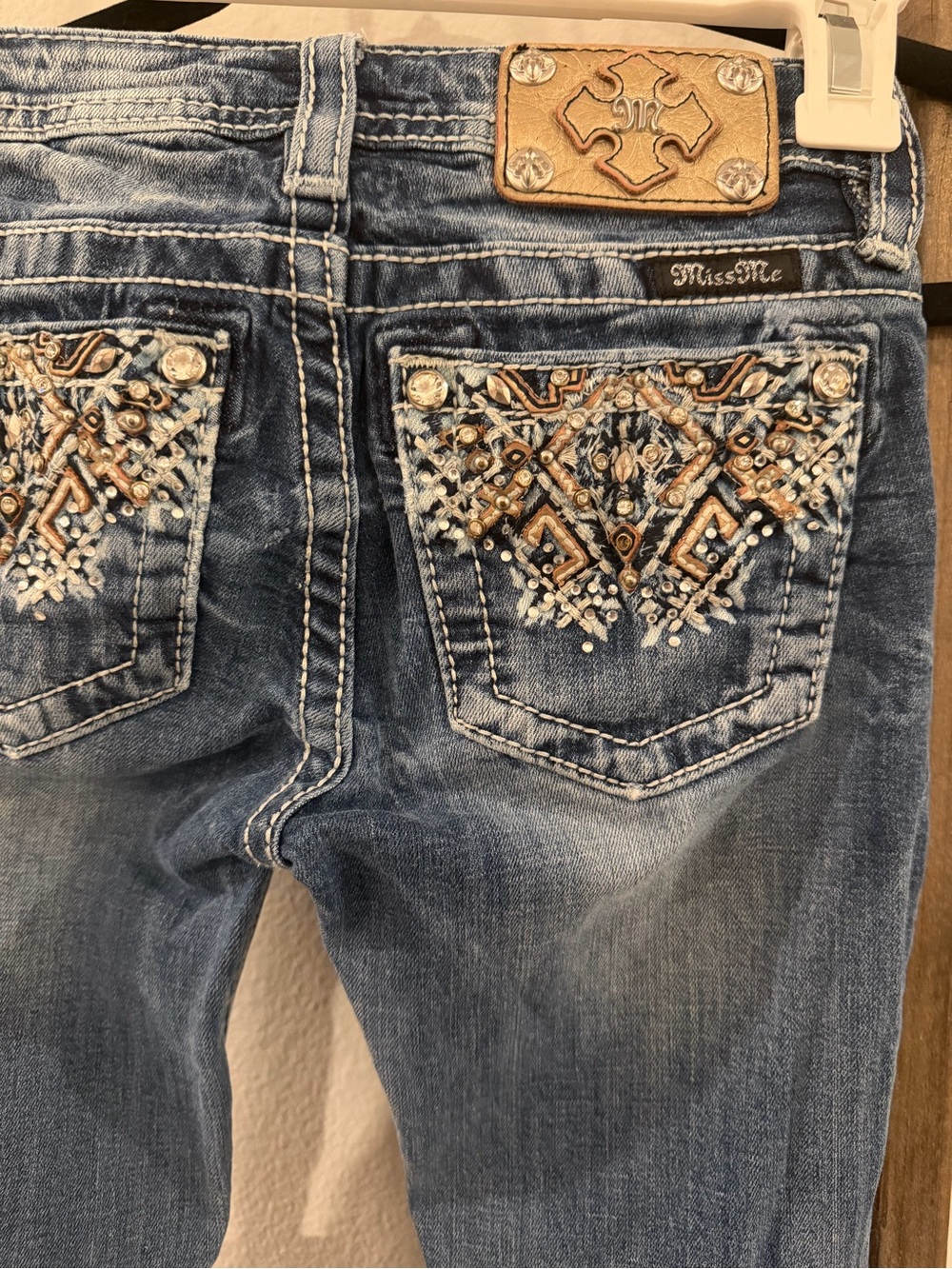 Miss Me Skinny Jeans with Embellished Back Pockets in Blue and Tan